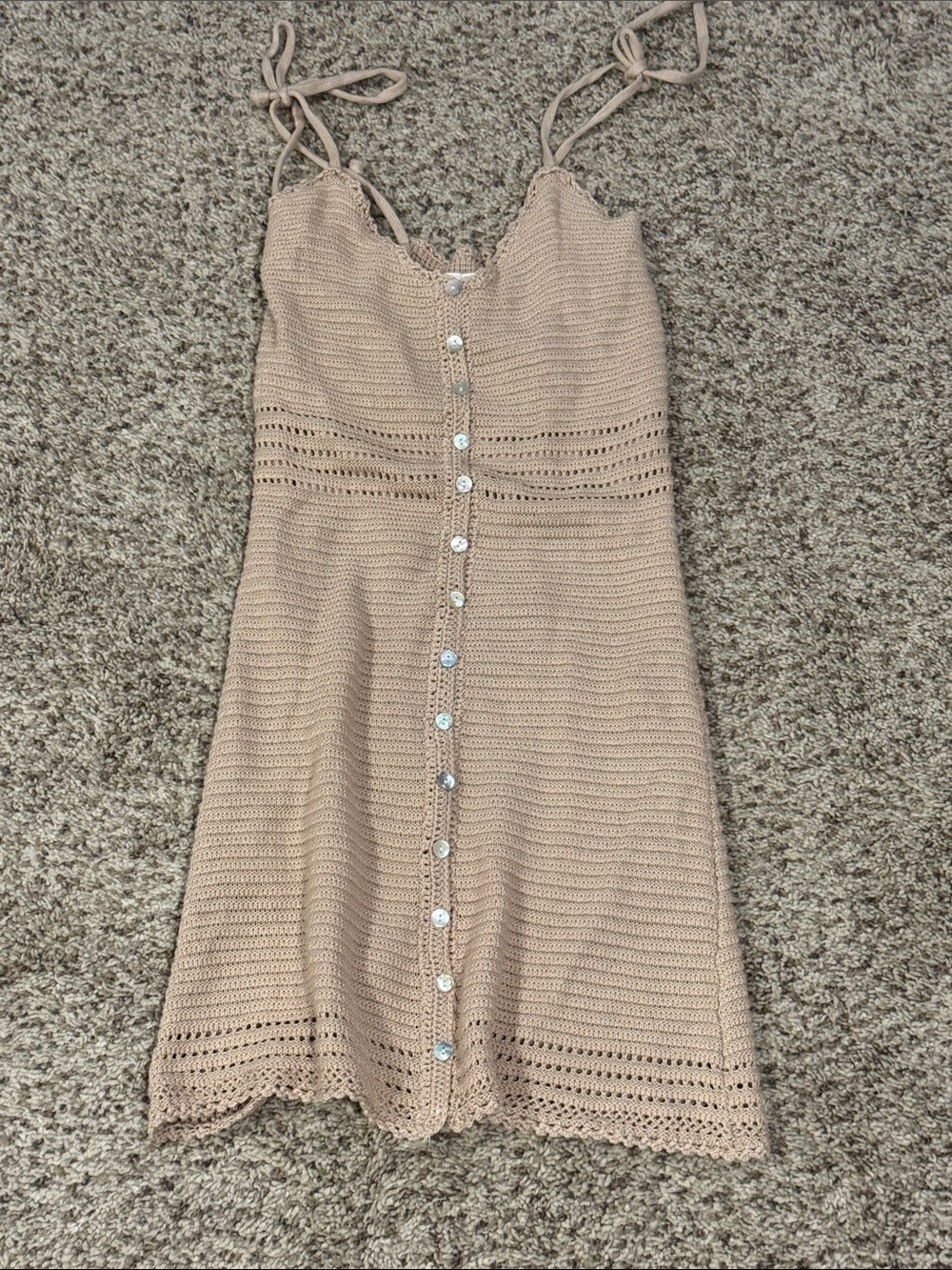 Olive & Oak Crochet Button-Front Mini Dress in Beige